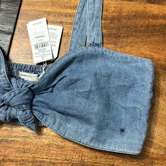 American Eagle denim bustier crop bow halter strap top - Picture 2 of 5